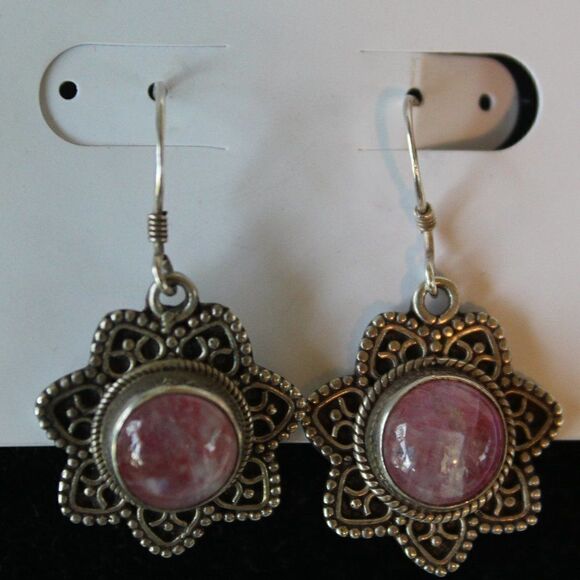 Sterling Bali-Style Pink Moonstone Earrings - Picture 1 of 7